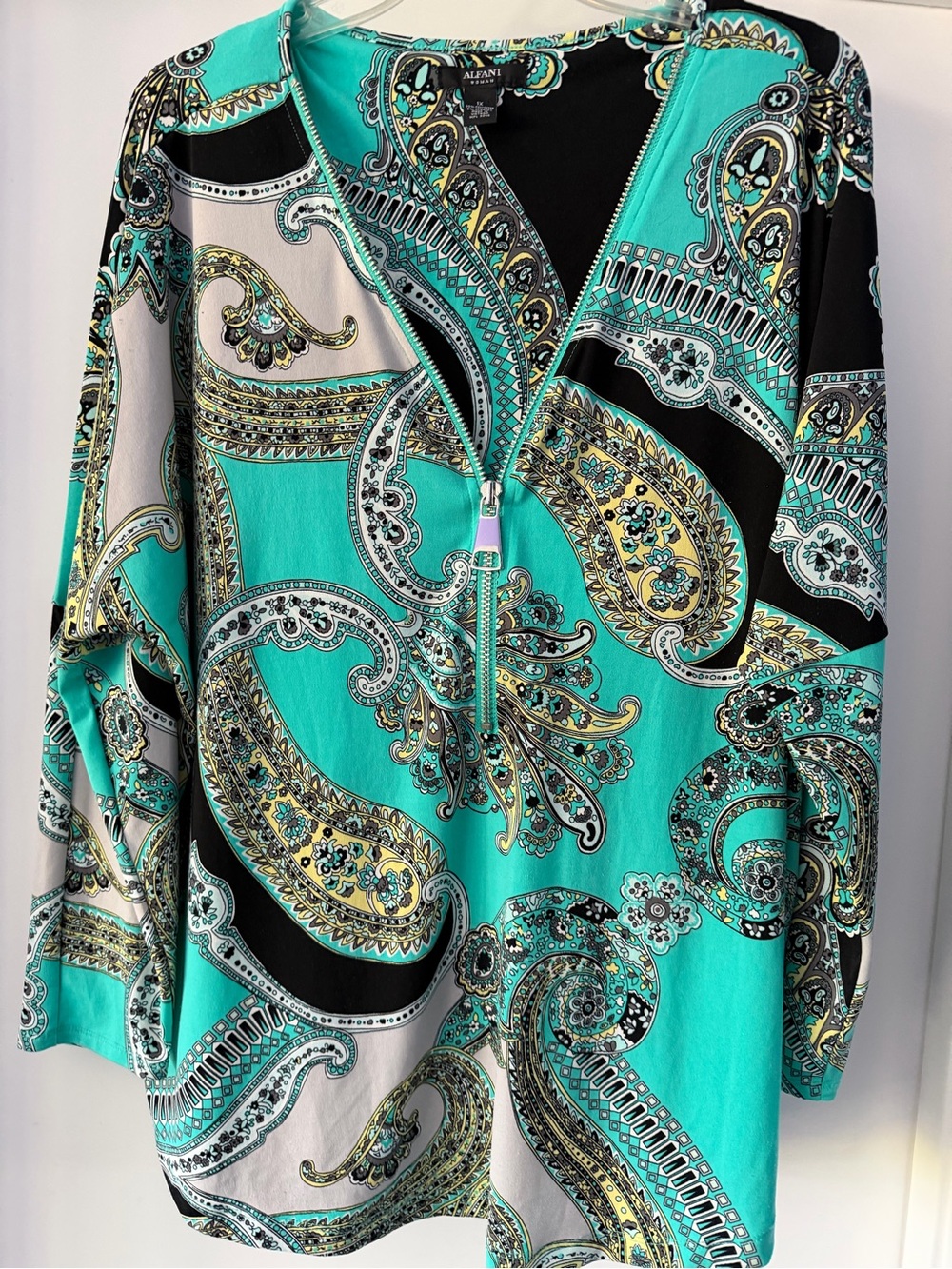 Alfani Teal and Black Paisley Zip-Front Tunic